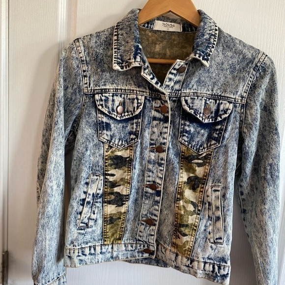 YaYa Club Stonewash Denim Jacket w/ Camouflage Print women's S jean retro boho - Picture 15 of 16